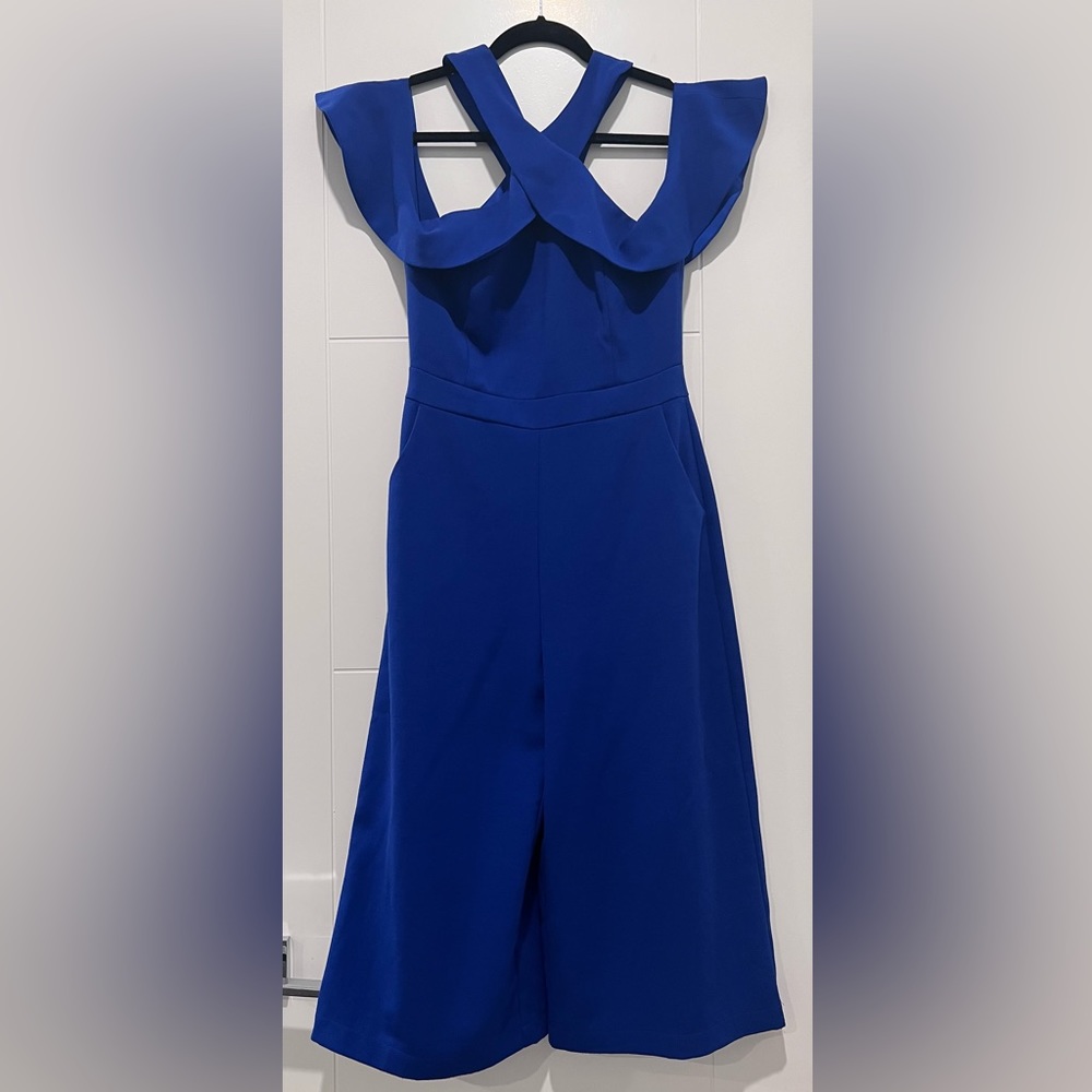 Adelyn Rae Ruffle Shoulder Jumpsuit Blue - Small